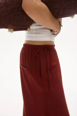 Pantalon à cordon en lin mélangé - Rouge foncé — photo 2