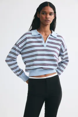 Polo en maille fine - Bleu clair/rayé — photo 2
