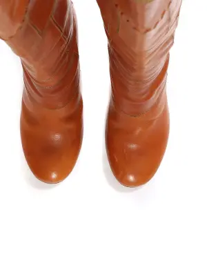 Bottes hautes à talon bois en patchwork de cuir camel tressé Prix boutique 1000€ Taille 36,5 — photo 4