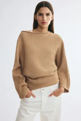 Pull en maille côtelée avec encolure bateau - Beige foncé — photo 2