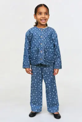 Veste matelassée en denim - Bleu denim/fleuri — photo 2