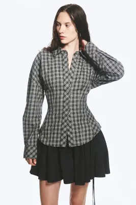Chemise Trapèze Cintrée - Noir/Gris à carreaux — photo 2