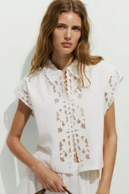 Chemise en twill de coton avec dentelle - Blanc — photo 2