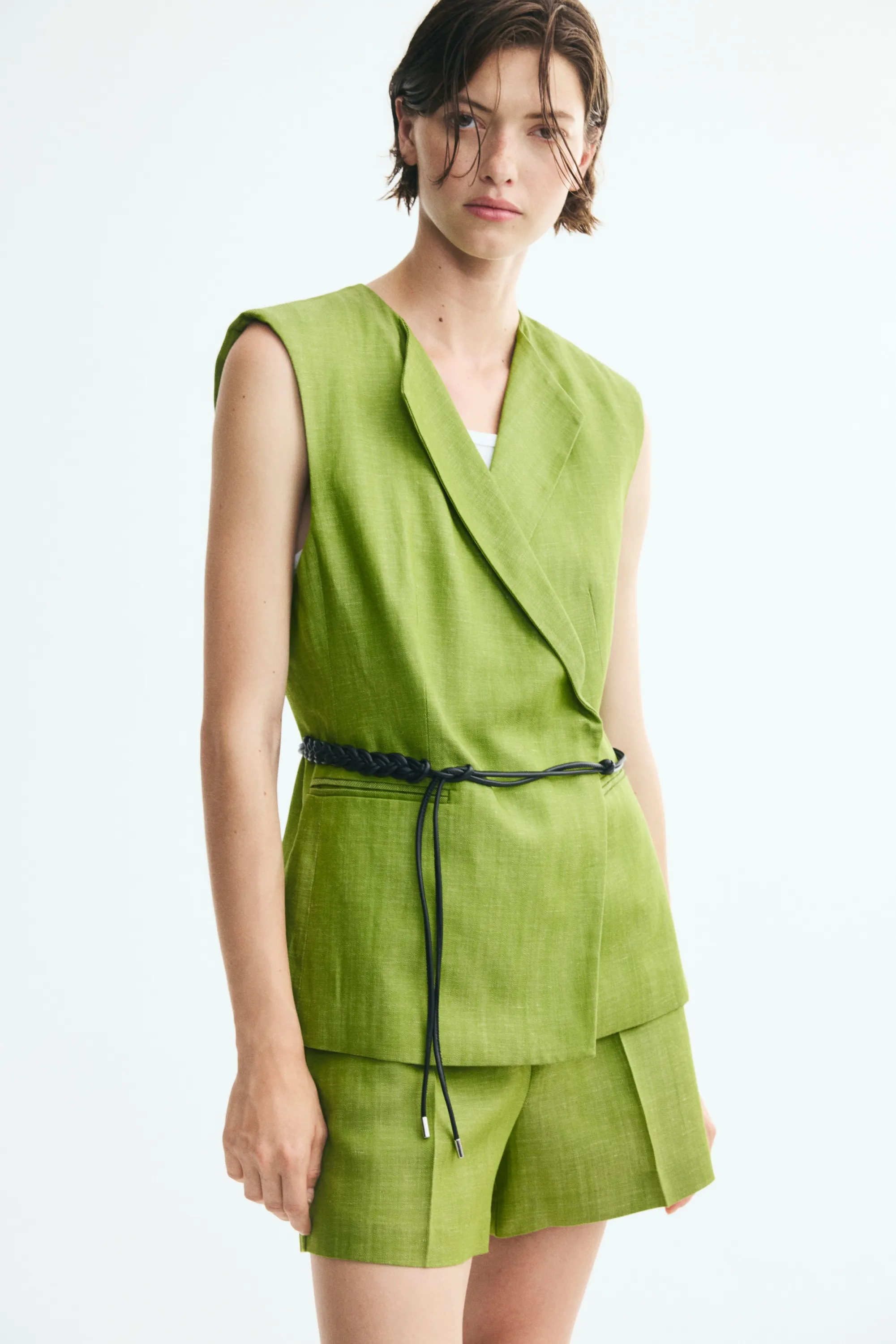 Gilet sans manches en lin mélangé avec ceinture - Vert