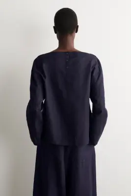 BLOUSE EN LIN À COL BATEAU - BLEU MARINE — photo 4