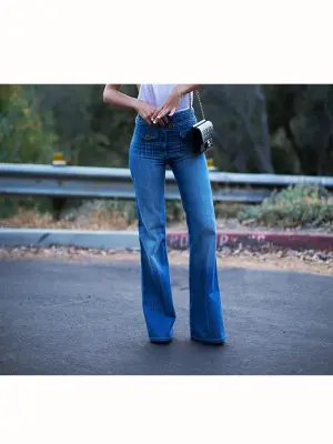 Jean flare taille haute ceinture tressée en coton bleu moyen Px boutique 550€ Taille 36 — photo 5