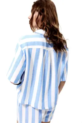 Short en lin mélangé - Bleu clair/rayé — photo 1