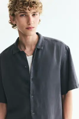 Chemise Relaxed Fit en lin mélangé avec col cubain - Gris foncé — photo 2