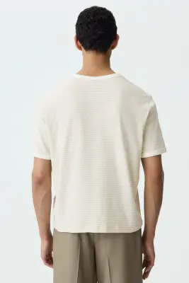 T-shirt Relaxed Fit en lin mélangé - Crème/rayé — photo 4