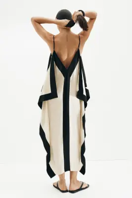 Robe à effet drapé avec bretelles fines - Beige clair/noir — photo 3