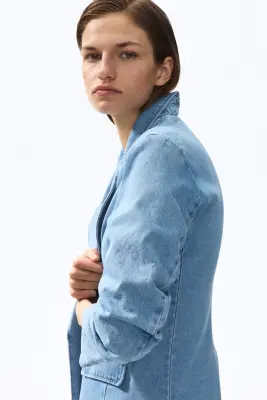 Blazer à manches froncées en denim - Bleu denim — photo 2