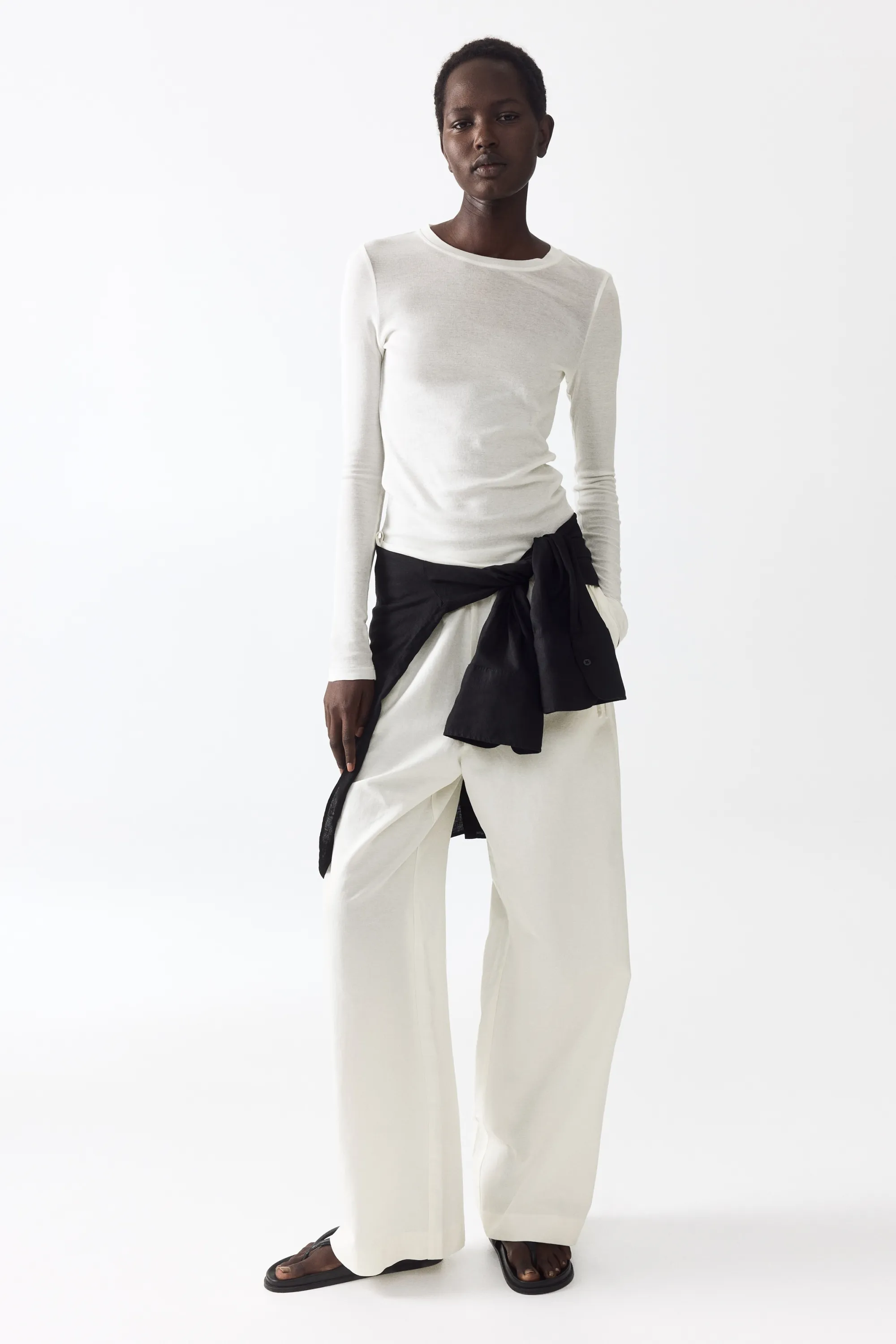 Pantalon à cordon en lin mélangé - Ivoire