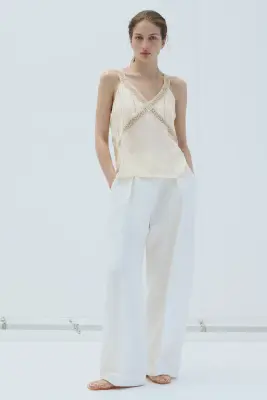 Top à plis nervure avec dentelle - Beige clair — photo 1