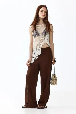 Pantalon en lin mélangé avec perles fantaisie - Marron — photo 3