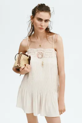 Robe avec panneau en dentelle et plis nervure - Crème — photo 2