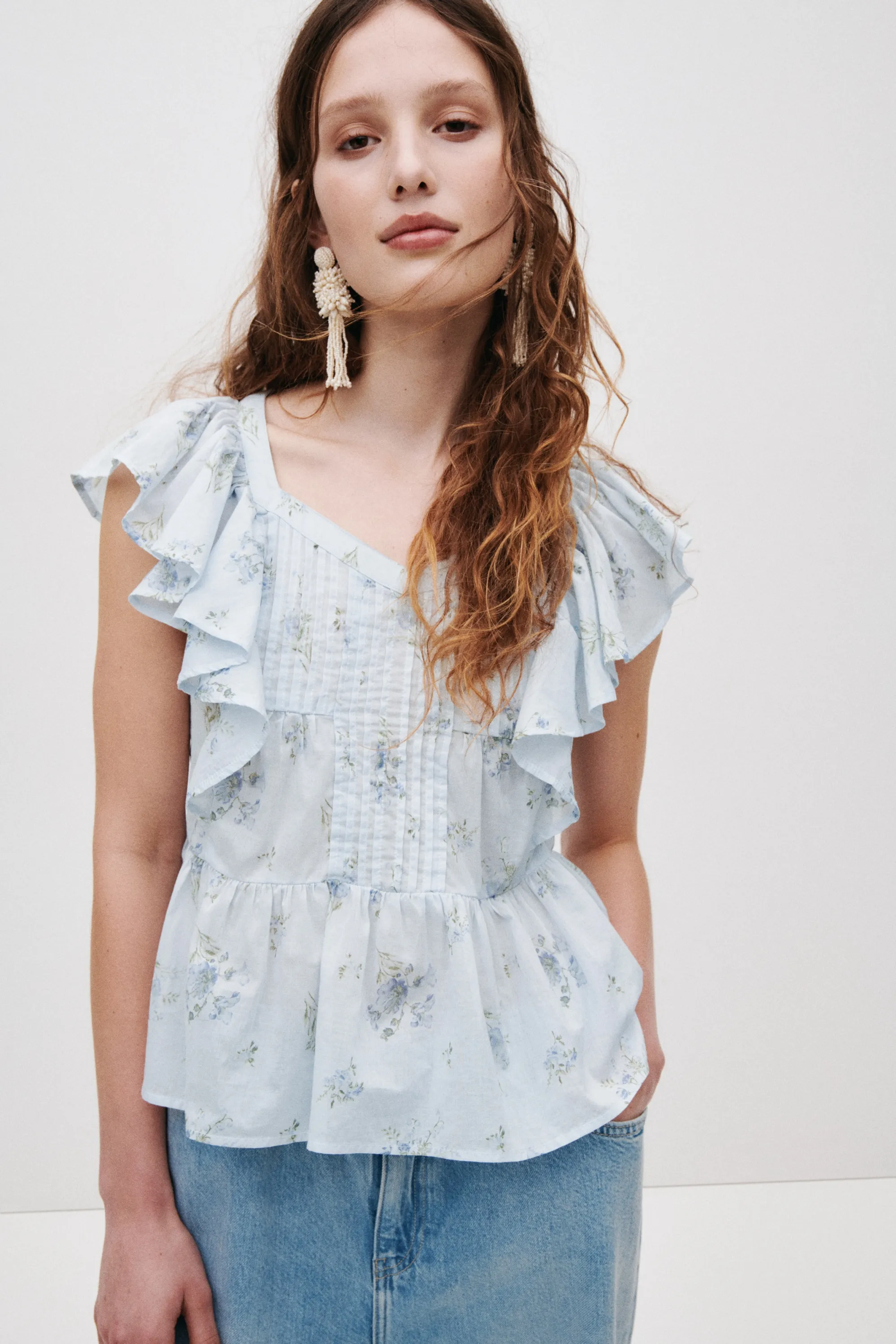 Top volanté en coton - Bleu clair/fleuri