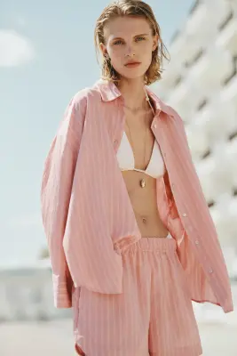 Chemise en lyocell mélangé - Rose ancien/rayé — photo 1