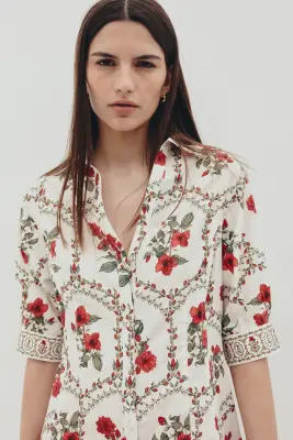 Robe chemise en popeline - Crème/fleuri — photo 3