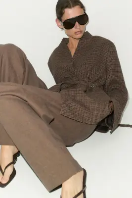 Blazer oversize avec ceinture - Beige foncé/carreaux — photo 1
