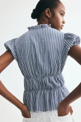 Blouse à manches bouffantes - Bleu foncé/carreaux — photo 2
