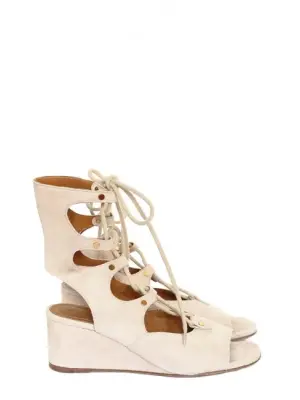 Sandales compensées FOSTER en daim beige nude à lacets Prix boutique 750€ Taille 36,5 — photo 1