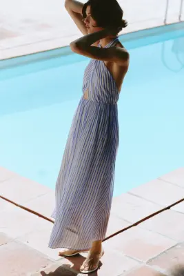 Robe dos nu avec ceinture - Bleu/rayé — photo 1