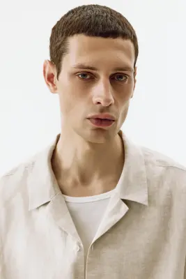 Chemise Relaxed Fit en lin avec col cubain - Beige clair — photo 2