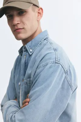 Chemise Relaxed Fit en denim de coton - Bleu denim clair — photo 2