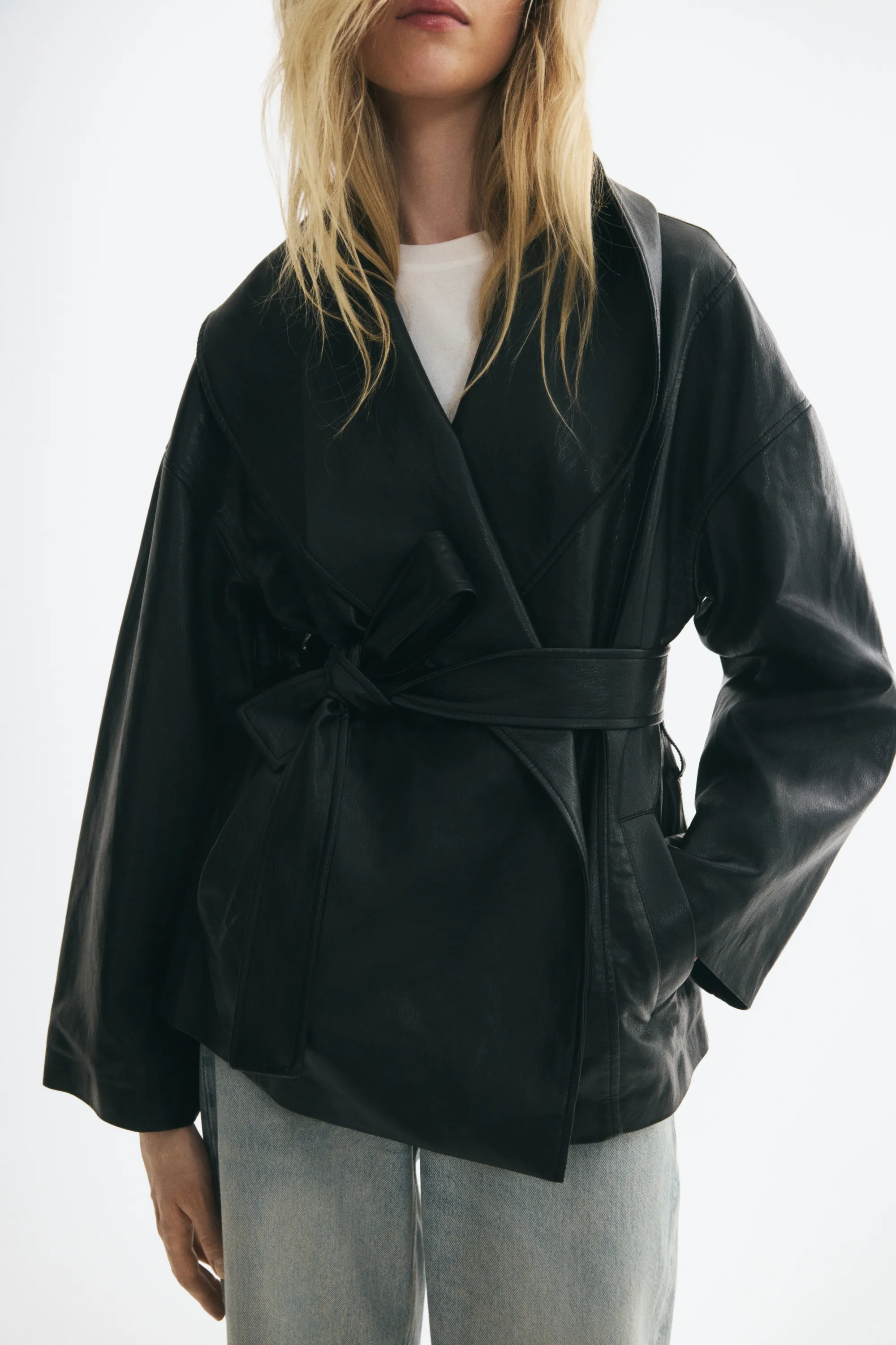 Veste en tissu enduit avec col châle - Noir