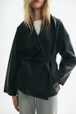Veste en tissu enduit avec col châle - Noir — photo 1