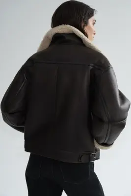 Veste en cuir et peau lainée - Marron foncé — photo 4