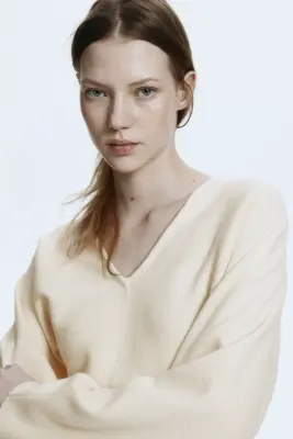 Top à encolure en V en maille - Beige clair — photo 1