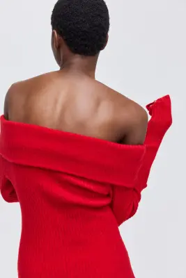 Robe épaules nues en maille côtelée - Rouge — photo 3