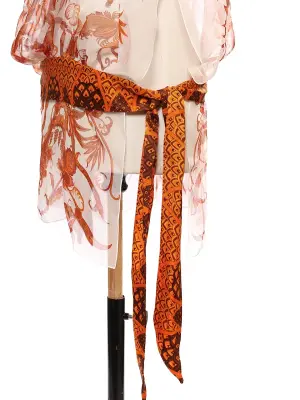 Robe en voile de soie et ceinture foulard imprimée d'oiseaux Phoenix orange et blanc Prix boutique 1700€ — photo 4