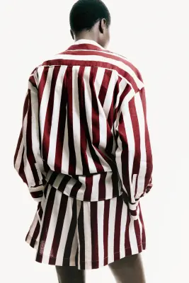 Short en lin mélangé - Rouge foncé/rayé — photo 2
