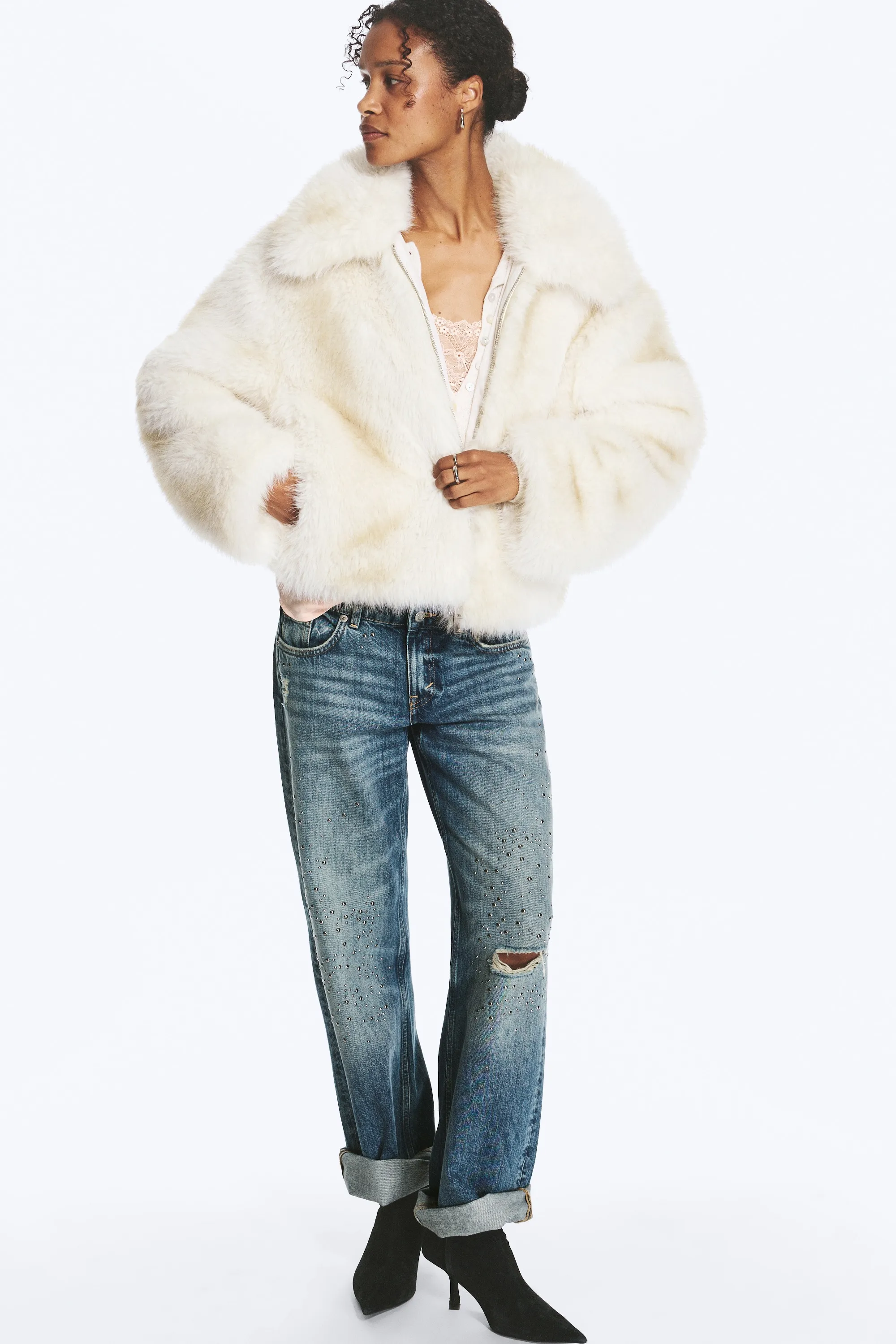 Veste zippée en fausse fourrure - Blanc cassé
