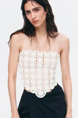 Top façon crochet avec bretelles fines - Crème — photo 1