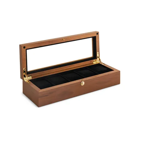 BOITE A MONTRE, Coffret 5 montres couvercle avec fenêtre placage en noyer mat 309366