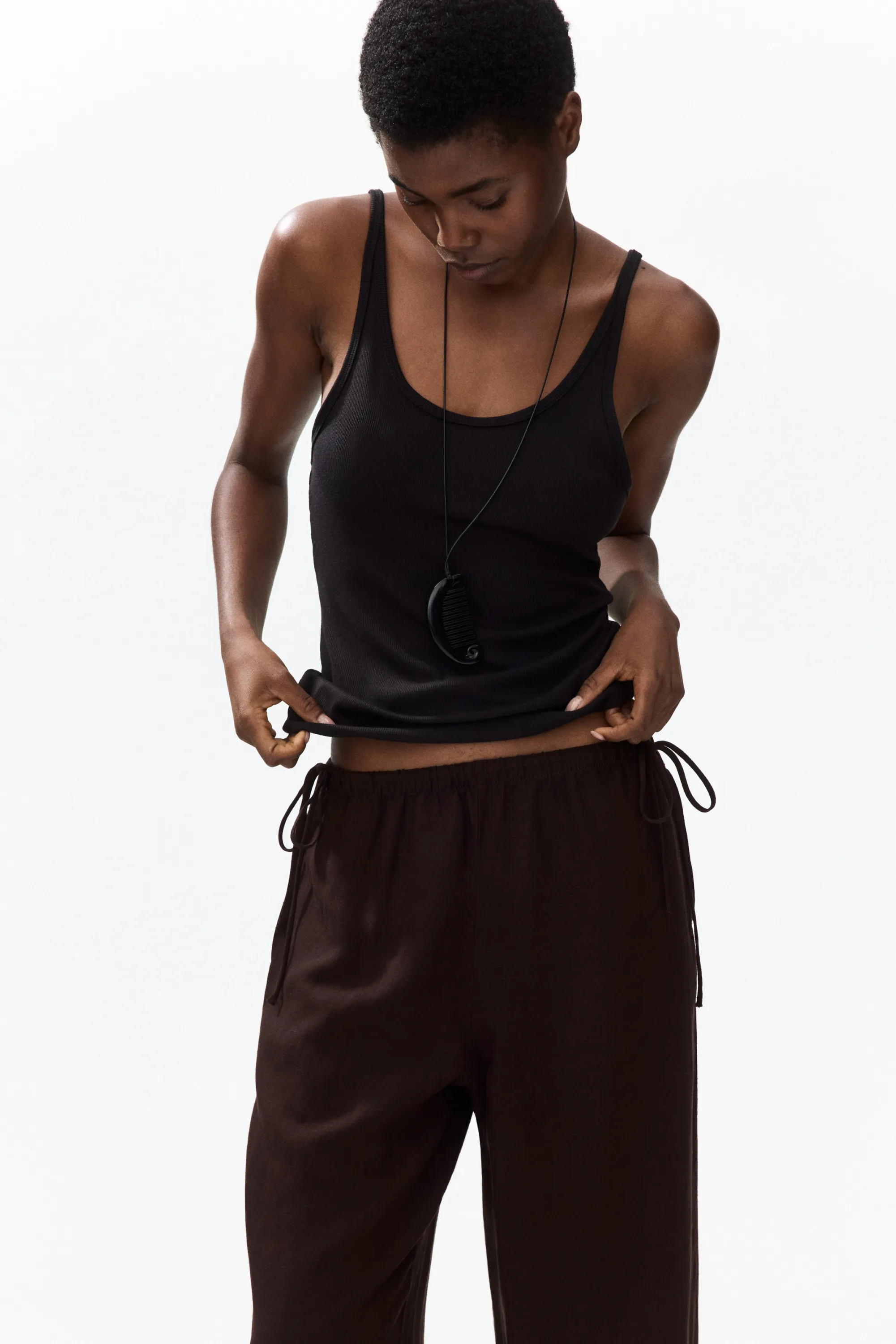 Pantalon à cordon en lin mélangé - Marron foncé