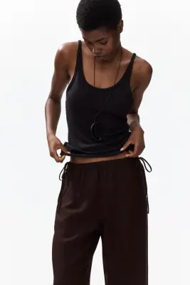 Pantalon à cordon en lin mélangé - Marron foncé — photo 1