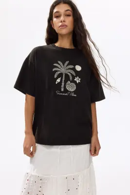 T-shirt oversize brodé - Noir/Summer Vibes — photo 1