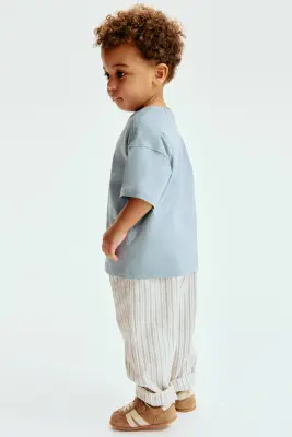 Pantalon en lin mélangé - Crème/rayures bleues — photo 3
