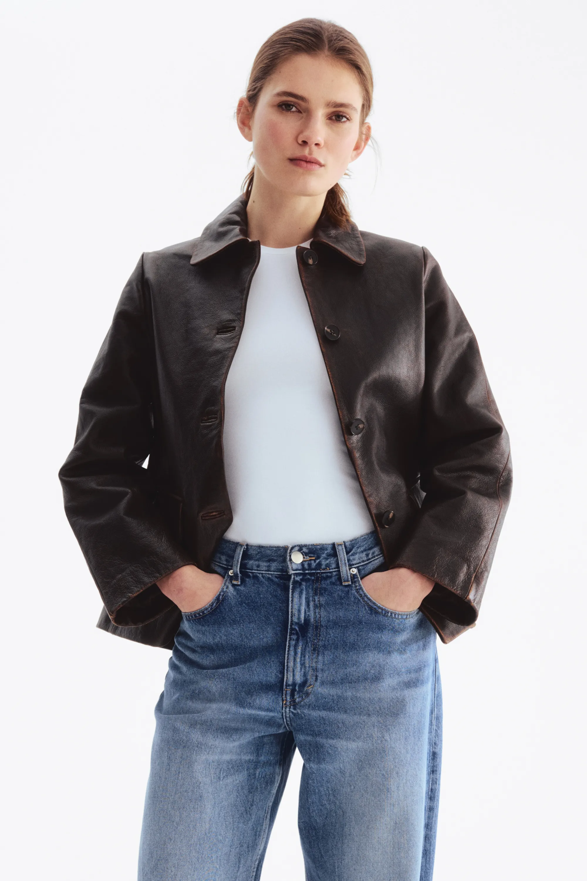 Veste en cuir - Marron foncé