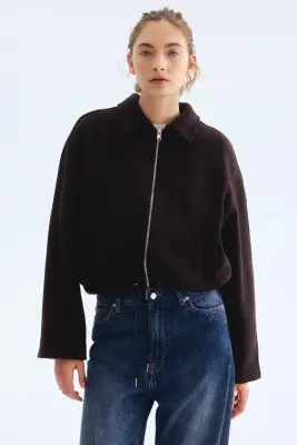 Veste courte en laine mélangée - Marron foncé — photo 1
