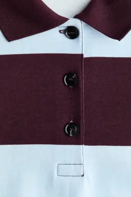 Polo en coton mélangé - Bleu clair/rayures bordeaux — photo 2