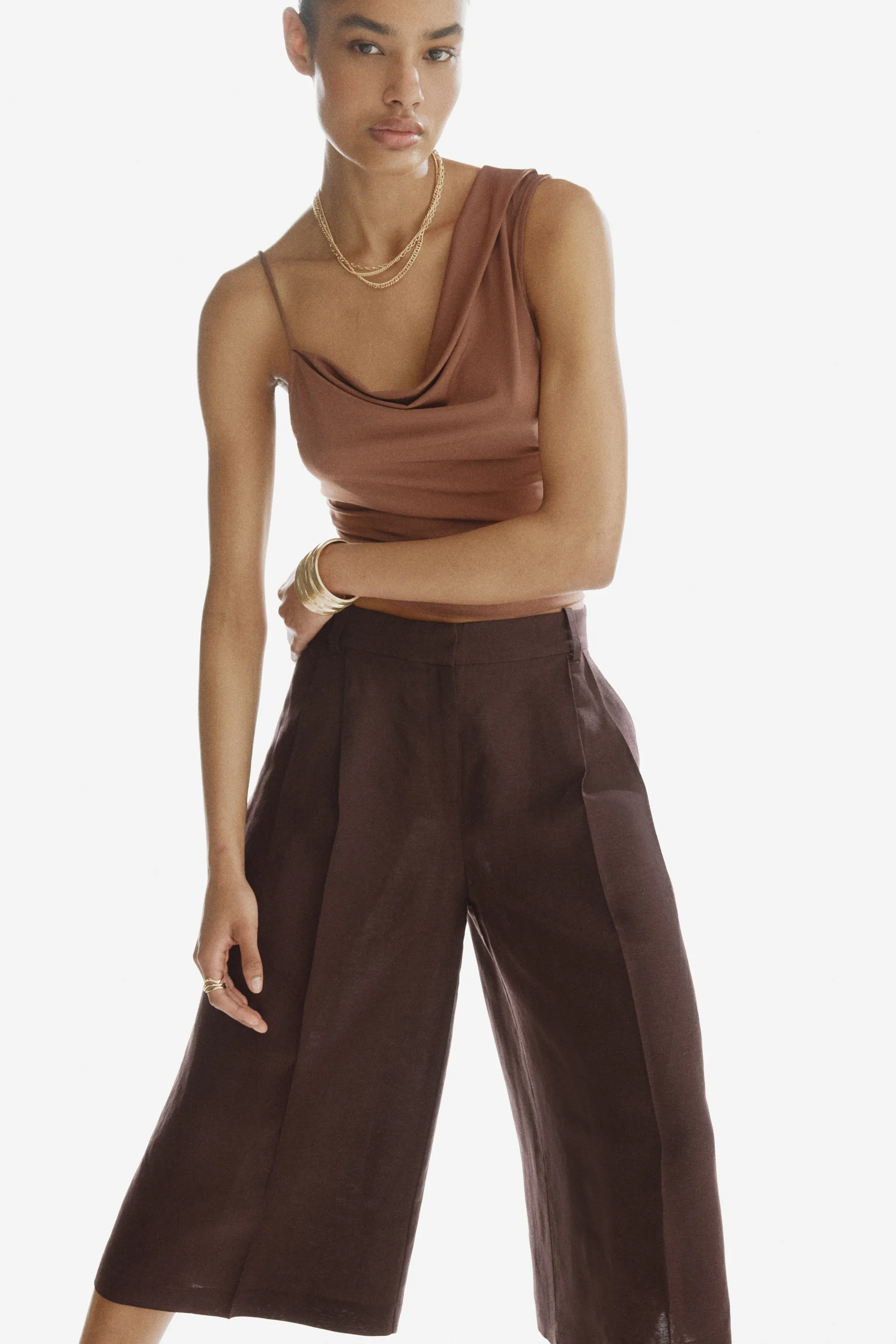 Jupe-culotte large en lin mélangé - Marron foncé