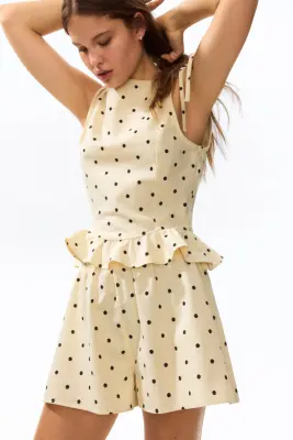 Short en lin mélangé - Jaune pâle/pois — photo 2