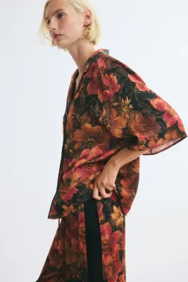 Chemise à manches courtes en viscose - Noir/fleuri — photo 3