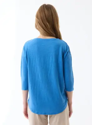 Tee shirt Bleu Col Bateau Manches Trois quarts en Lin / Elasthanne — photo 2