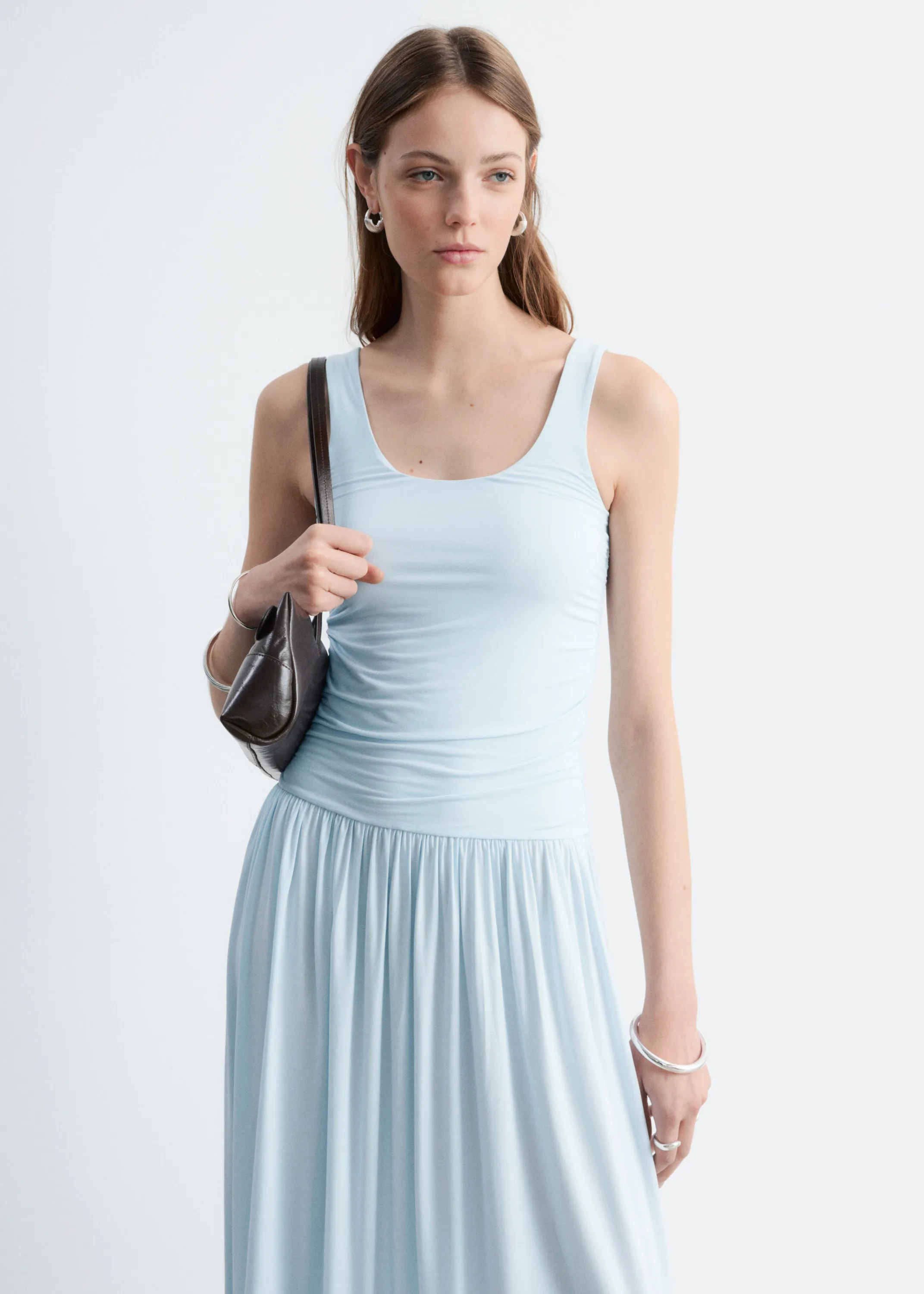 Robe longue froncée en jersey - Bleu clair